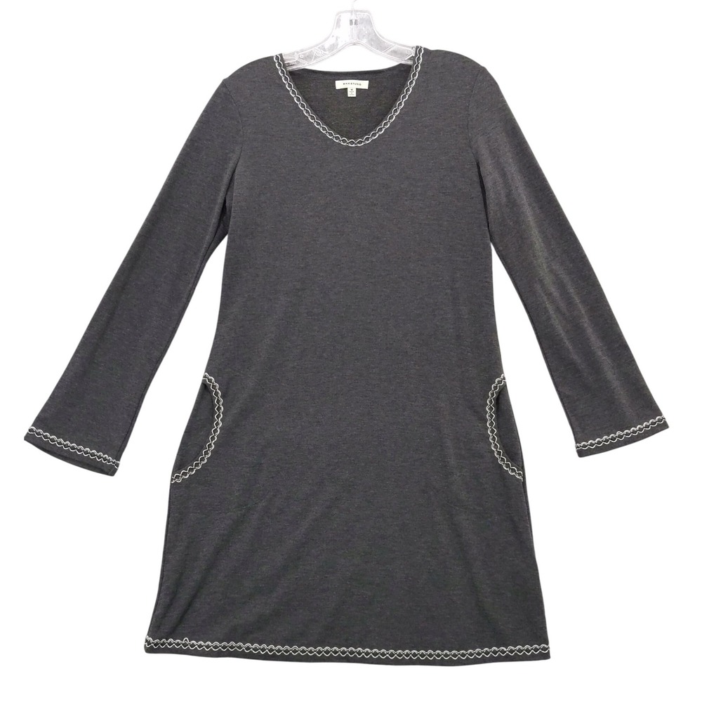Max Studio Gray Dress Long Sleeve V Neck Pockets Casual Comfy Womens Size M‎